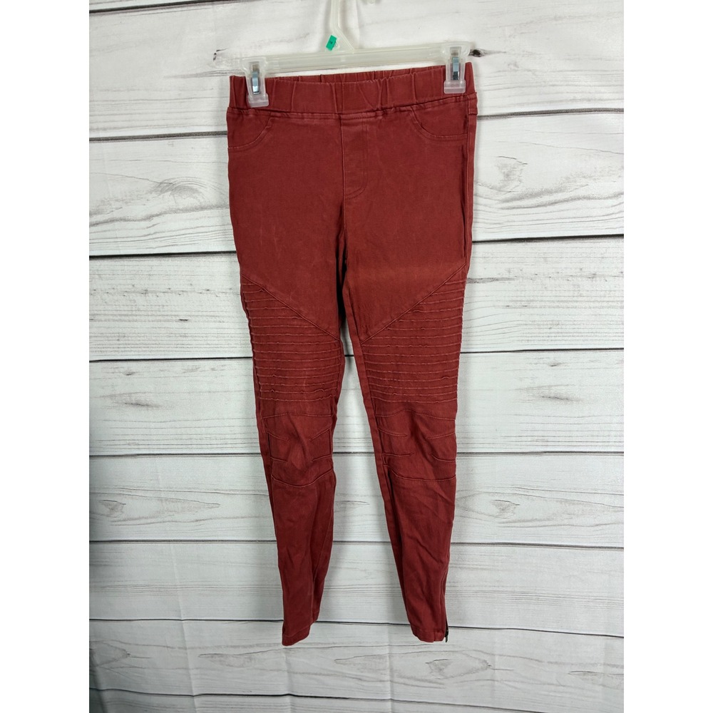 Burgundy Moto Skinny Leggings Ribbed Knee Detail Pull On Pants Maroon Small